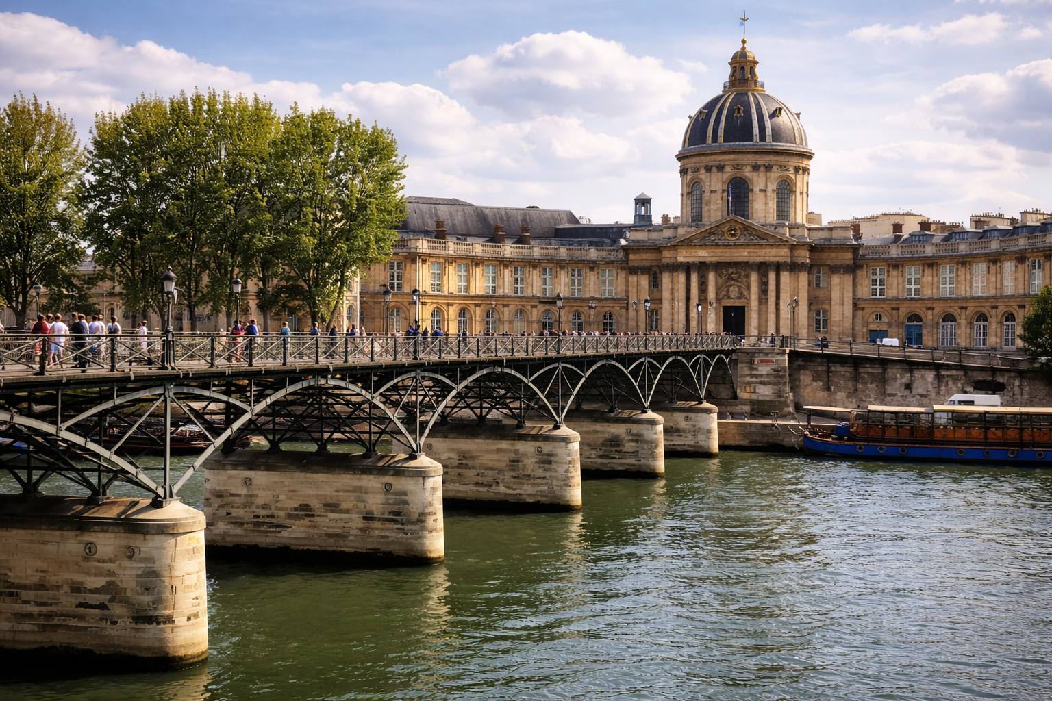 The Pont des Arts crossing the Seine toward the dome of the Institut de France on a bright Paris day.
