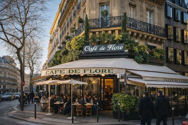 The terrace of the Café de Flore on a bright morning in Saint-Germain-des-Prés.