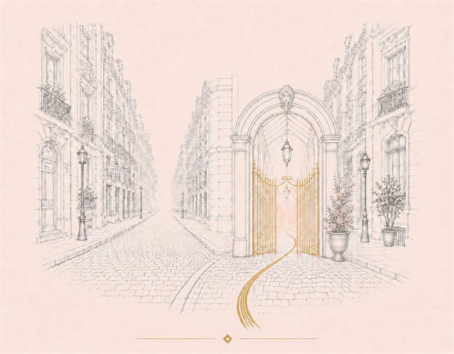 Hand-drawn illustration of a quiet Parisian street bathed in warm light.