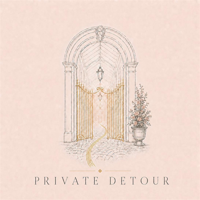 The Private Detour emblem, an ornate golden gate beneath a Haussmann archway, opening onto a covered passage, with a gold path curving through the cobblestones.