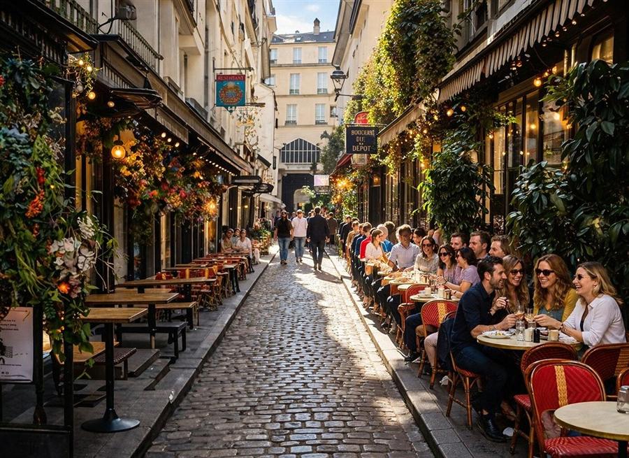 The Cour du Commerce Saint-André, a cobbled Parisian passage lined with café terraces and lanterns.