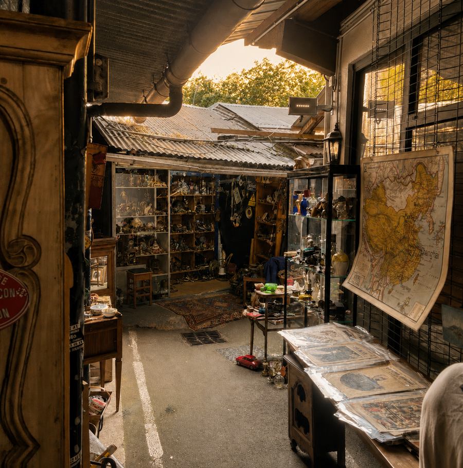A golden-hour alley of the Saint-Ouen flea market lined with antiques.